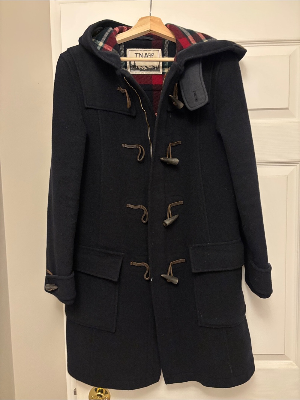TNA Navy Hooded Wool Duffle Coat with Red Plaid Lining